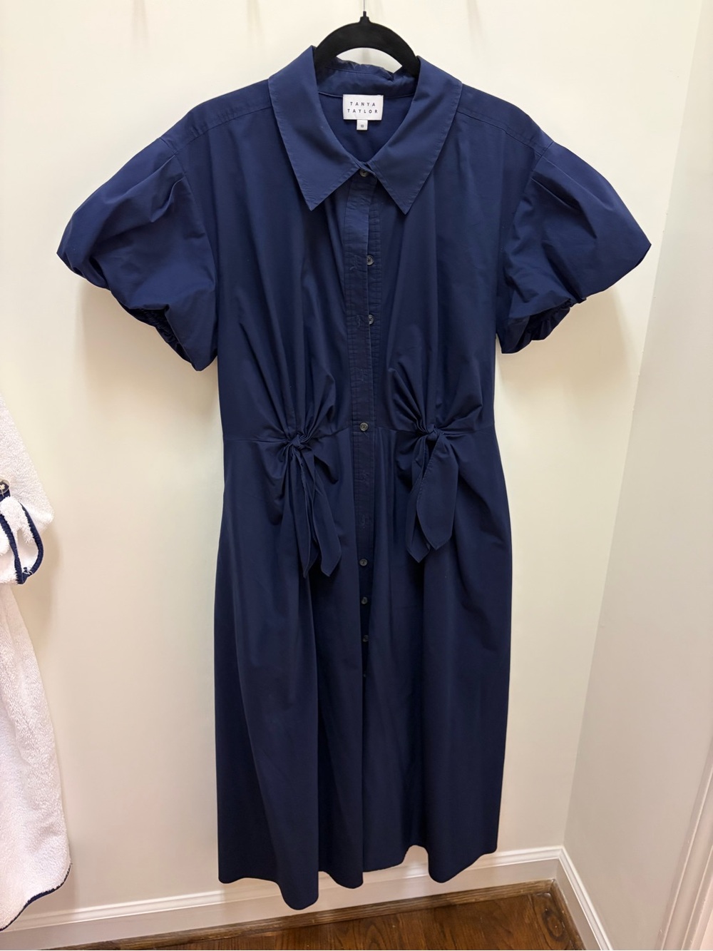 Tanya Taylor Navy Button-Front Midi Dress with Tie Waist